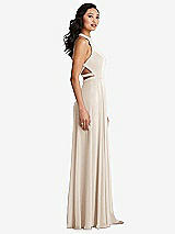 Side View Thumbnail - Oat Stand Collar Halter Maxi Dress with Criss Cross Open-Back