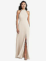 Rear View Thumbnail - Oat Stand Collar Halter Maxi Dress with Criss Cross Open-Back