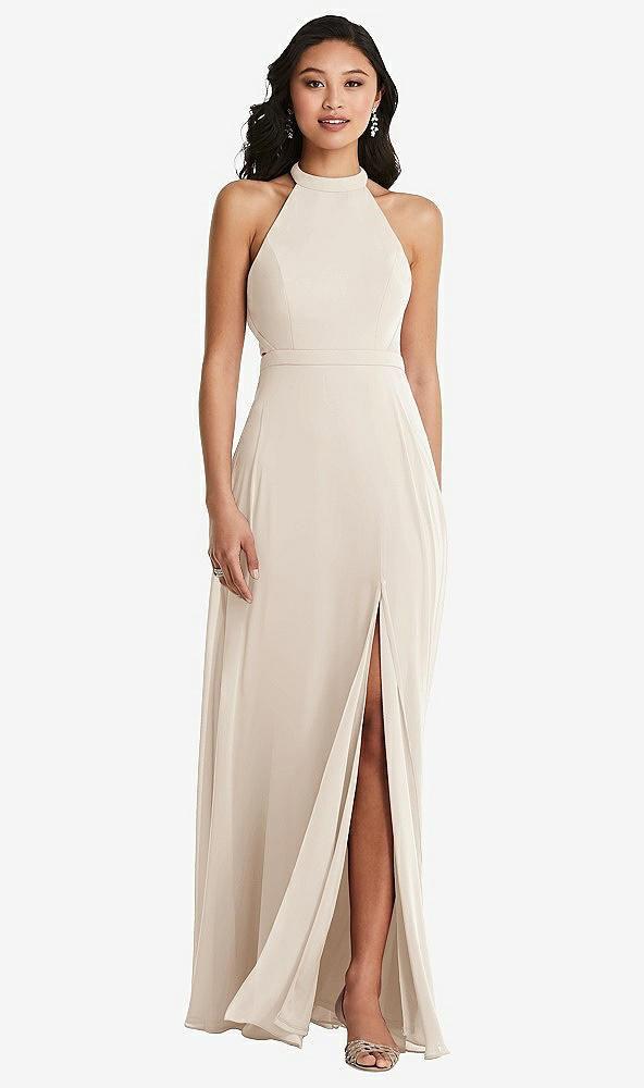 Back View - Oat Stand Collar Halter Maxi Dress with Criss Cross Open-Back