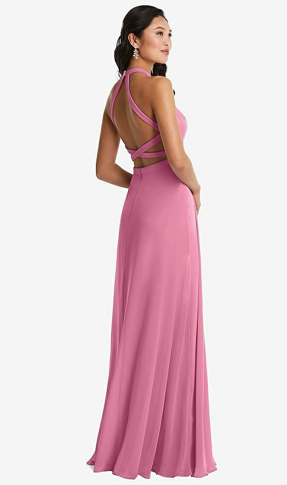 Front View - Orchid Pink Stand Collar Halter Maxi Dress with Criss Cross Open-Back