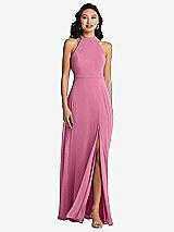 Rear View Thumbnail - Orchid Pink Stand Collar Halter Maxi Dress with Criss Cross Open-Back