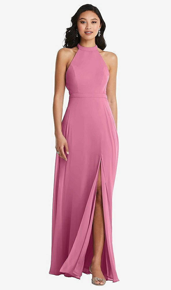 Back View - Orchid Pink Stand Collar Halter Maxi Dress with Criss Cross Open-Back