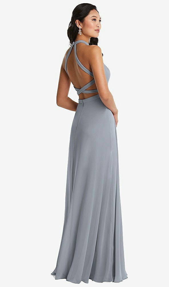 Front View - Platinum Stand Collar Halter Maxi Dress with Criss Cross Open-Back