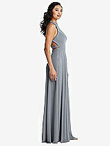 Side View Thumbnail - Platinum Stand Collar Halter Maxi Dress with Criss Cross Open-Back