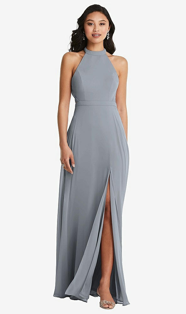 Back View - Platinum Stand Collar Halter Maxi Dress with Criss Cross Open-Back