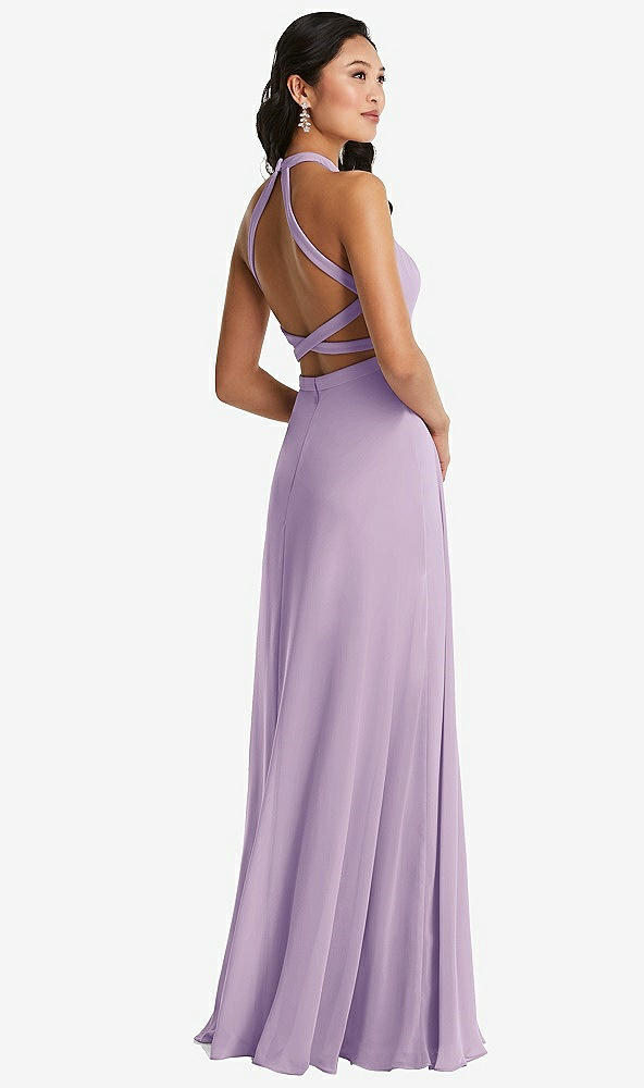 Front View - Pale Purple Stand Collar Halter Maxi Dress with Criss Cross Open-Back