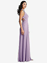 Side View Thumbnail - Pale Purple Stand Collar Halter Maxi Dress with Criss Cross Open-Back