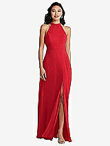 Rear View Thumbnail - Parisian Red Stand Collar Halter Maxi Dress with Criss Cross Open-Back