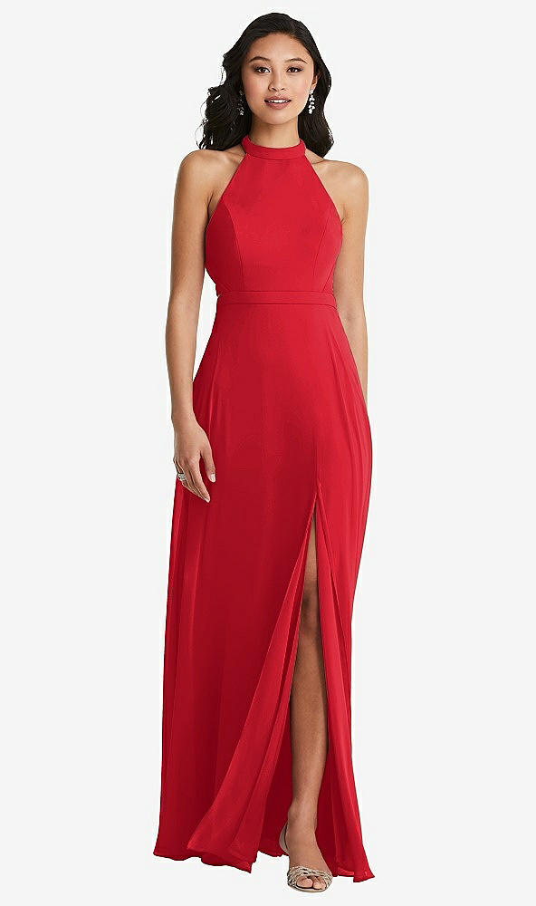 Back View - Parisian Red Stand Collar Halter Maxi Dress with Criss Cross Open-Back