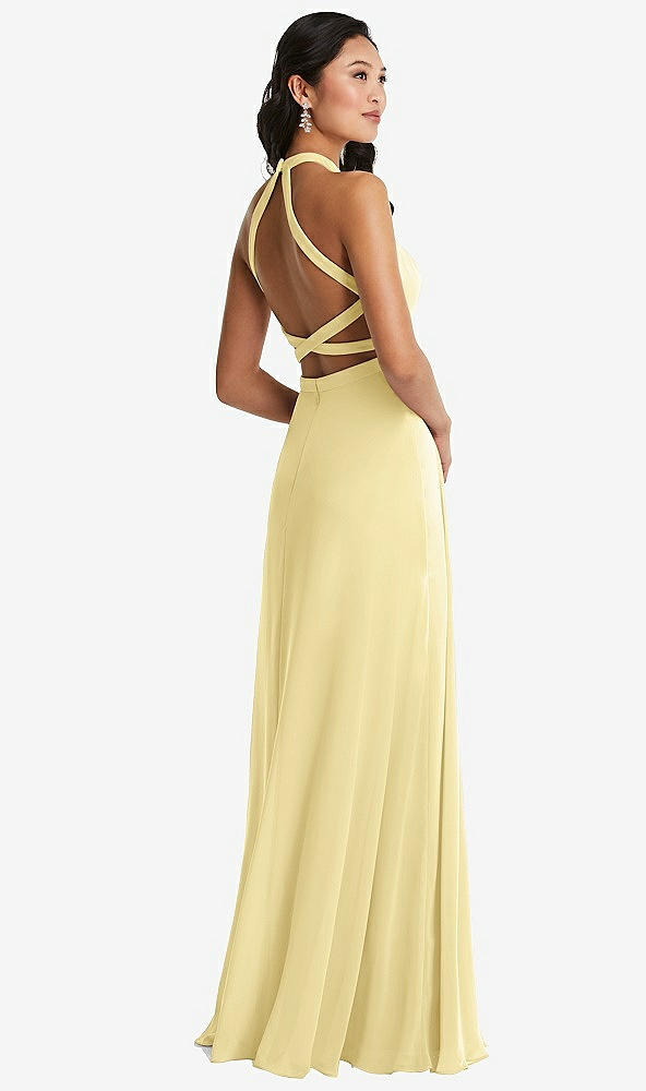 Front View - Pale Yellow Stand Collar Halter Maxi Dress with Criss Cross Open-Back