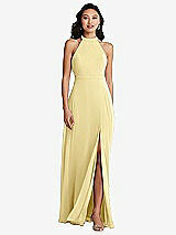 Rear View Thumbnail - Pale Yellow Stand Collar Halter Maxi Dress with Criss Cross Open-Back