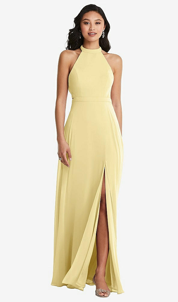 Back View - Pale Yellow Stand Collar Halter Maxi Dress with Criss Cross Open-Back