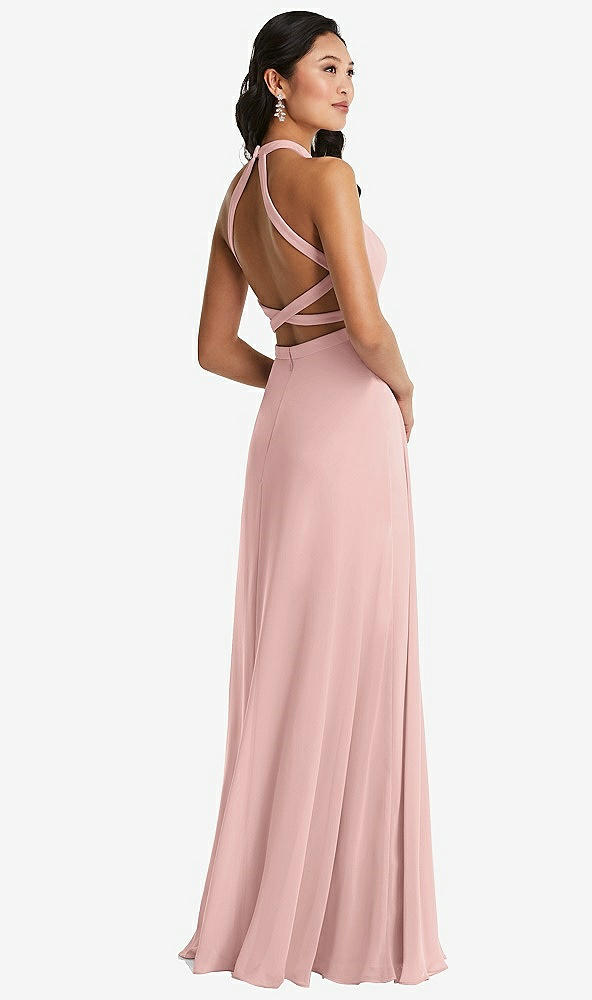 Front View - Rose - PANTONE Rose Quartz Stand Collar Halter Maxi Dress with Criss Cross Open-Back