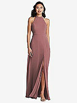 Rear View Thumbnail - Rosewood Stand Collar Halter Maxi Dress with Criss Cross Open-Back