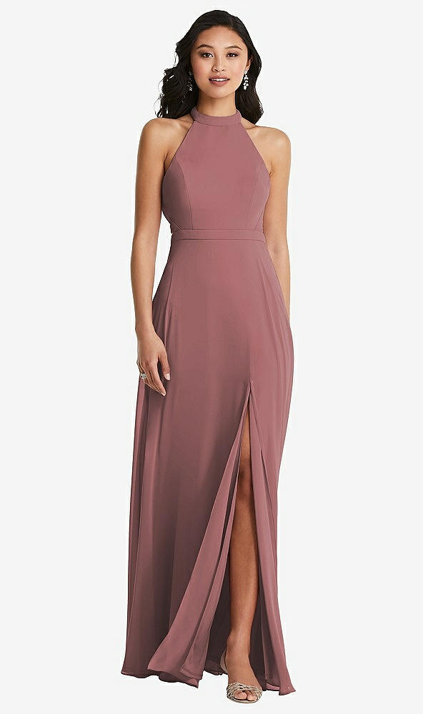 Back View - Rosewood Stand Collar Halter Maxi Dress with Criss Cross Open-Back