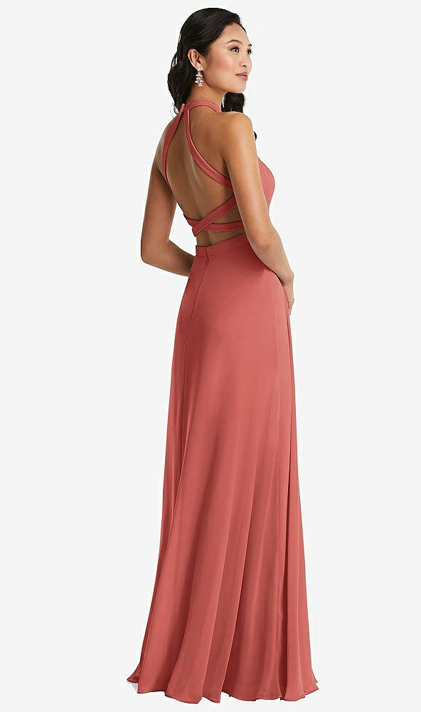 Front View - Coral Pink Stand Collar Halter Maxi Dress with Criss Cross Open-Back