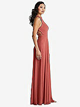 Side View Thumbnail - Coral Pink Stand Collar Halter Maxi Dress with Criss Cross Open-Back