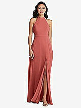 Rear View Thumbnail - Coral Pink Stand Collar Halter Maxi Dress with Criss Cross Open-Back