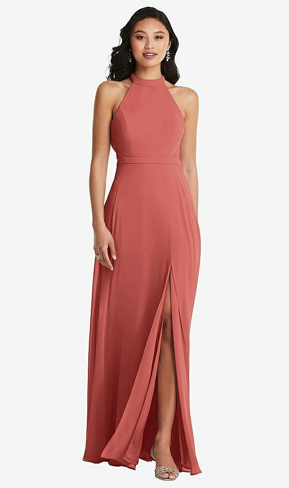 Back View - Coral Pink Stand Collar Halter Maxi Dress with Criss Cross Open-Back