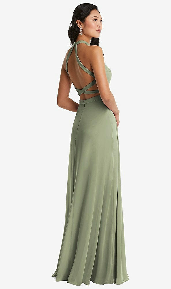 Front View - Sage Stand Collar Halter Maxi Dress with Criss Cross Open-Back