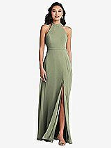 Rear View Thumbnail - Sage Stand Collar Halter Maxi Dress with Criss Cross Open-Back