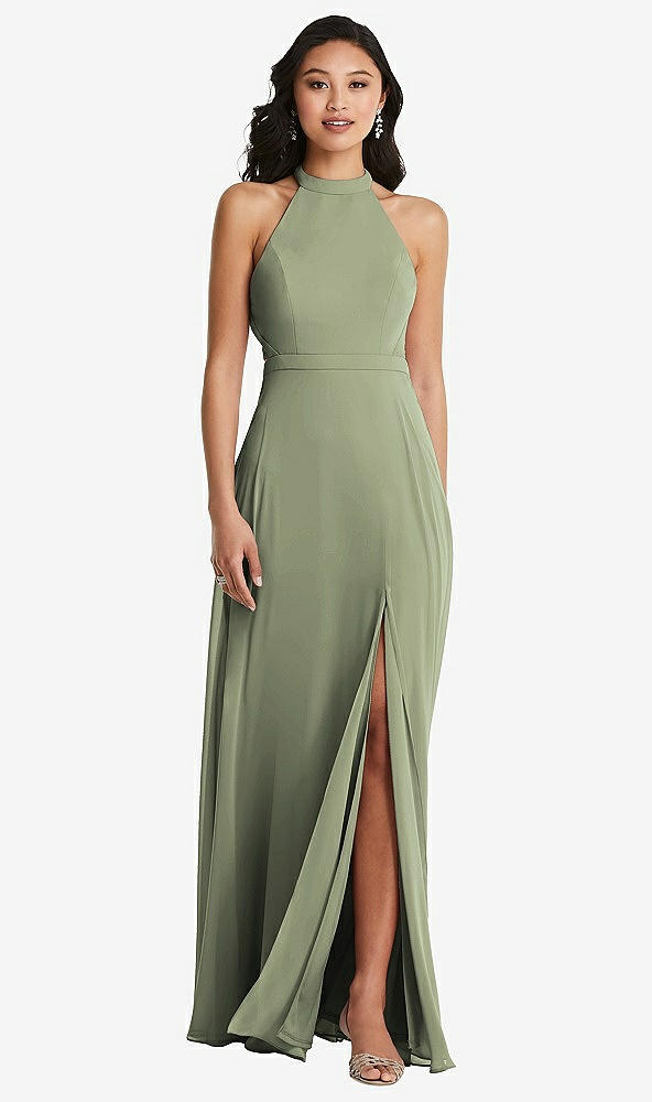 Back View - Sage Stand Collar Halter Maxi Dress with Criss Cross Open-Back