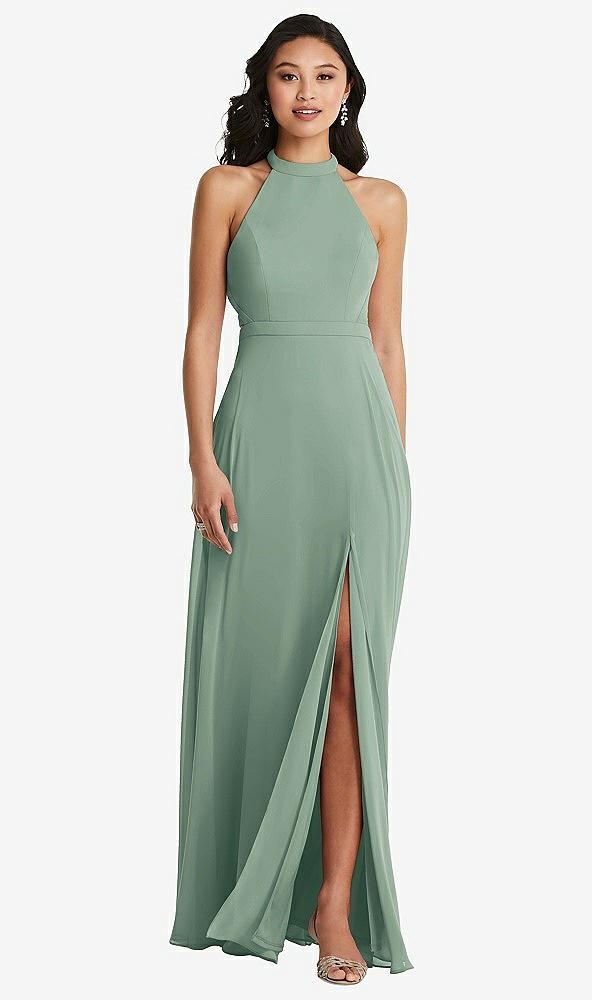 Back View - Seagrass Stand Collar Halter Maxi Dress with Criss Cross Open-Back