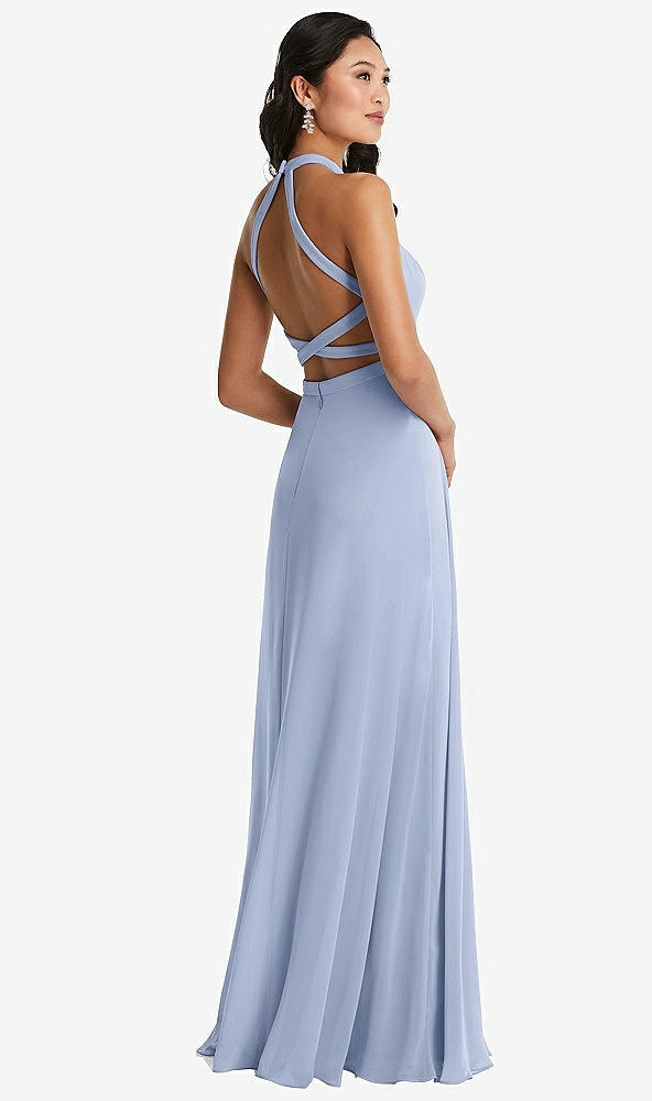 Front View - Sky Blue Stand Collar Halter Maxi Dress with Criss Cross Open-Back