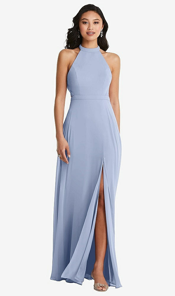 Back View - Sky Blue Stand Collar Halter Maxi Dress with Criss Cross Open-Back
