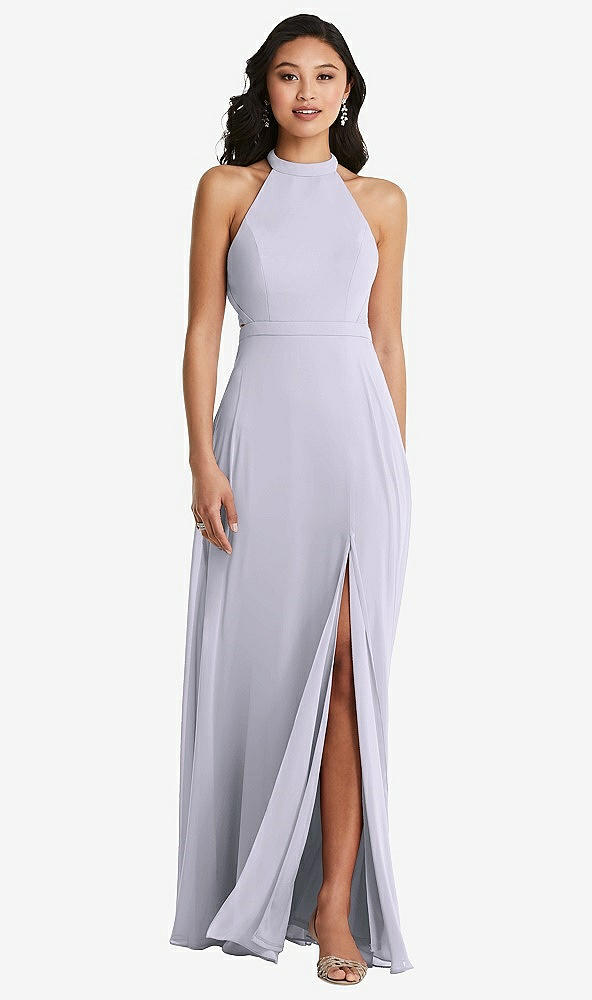 Back View - Silver Dove Stand Collar Halter Maxi Dress with Criss Cross Open-Back