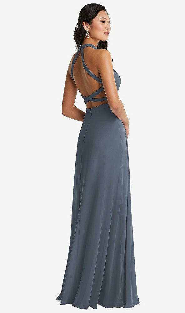 Front View - Silverstone Stand Collar Halter Maxi Dress with Criss Cross Open-Back