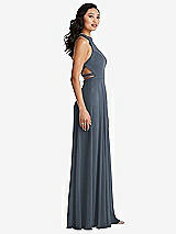 Side View Thumbnail - Silverstone Stand Collar Halter Maxi Dress with Criss Cross Open-Back