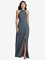 Rear View Thumbnail - Silverstone Stand Collar Halter Maxi Dress with Criss Cross Open-Back