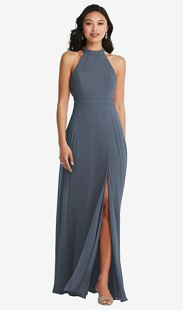 Back View - Silverstone Stand Collar Halter Maxi Dress with Criss Cross Open-Back