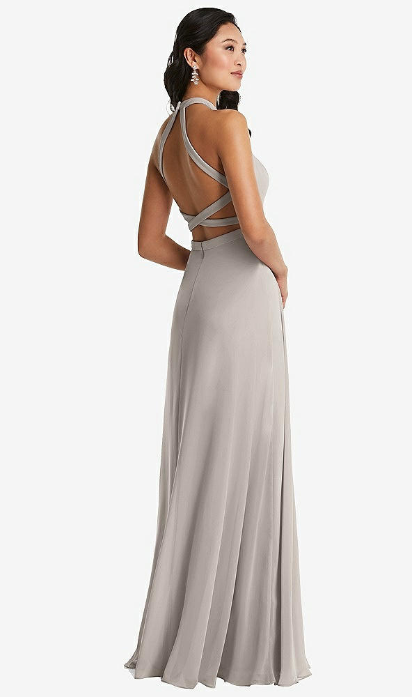 Front View - Taupe Stand Collar Halter Maxi Dress with Criss Cross Open-Back