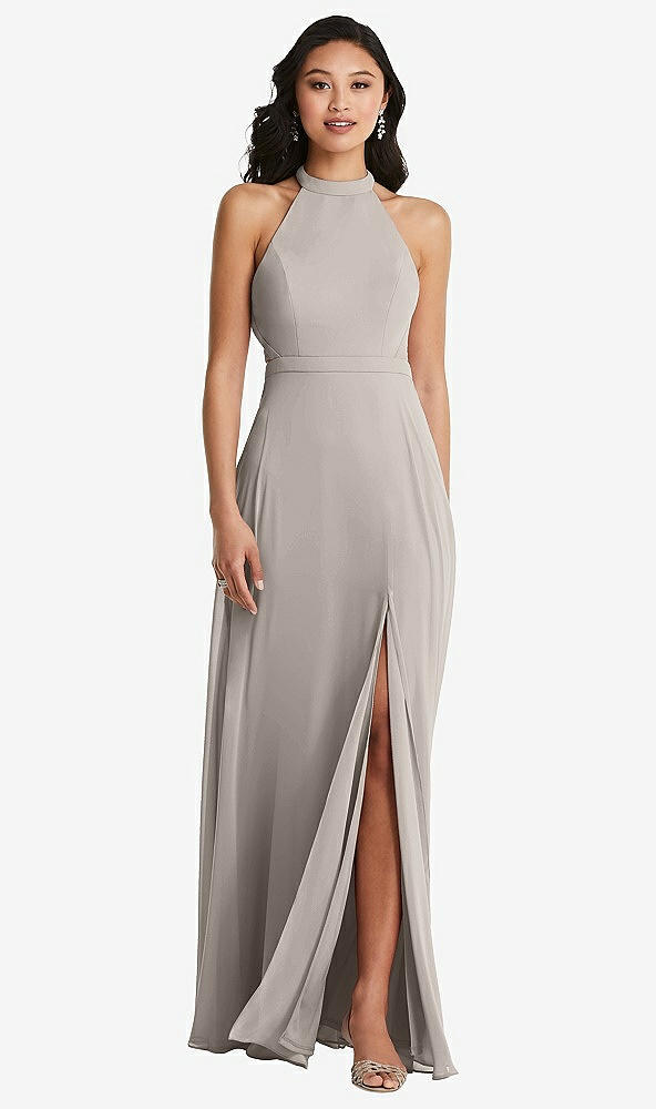Back View - Taupe Stand Collar Halter Maxi Dress with Criss Cross Open-Back