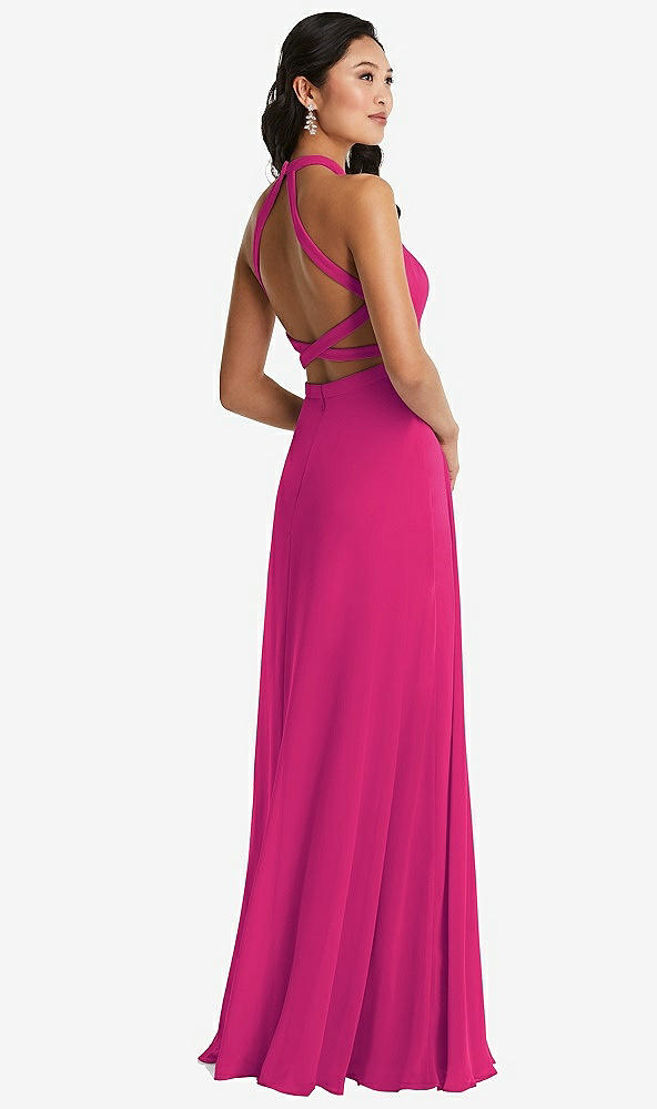 Front View - Think Pink Stand Collar Halter Maxi Dress with Criss Cross Open-Back