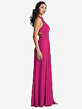 Side View Thumbnail - Think Pink Stand Collar Halter Maxi Dress with Criss Cross Open-Back