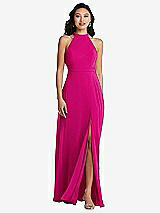 Rear View Thumbnail - Think Pink Stand Collar Halter Maxi Dress with Criss Cross Open-Back