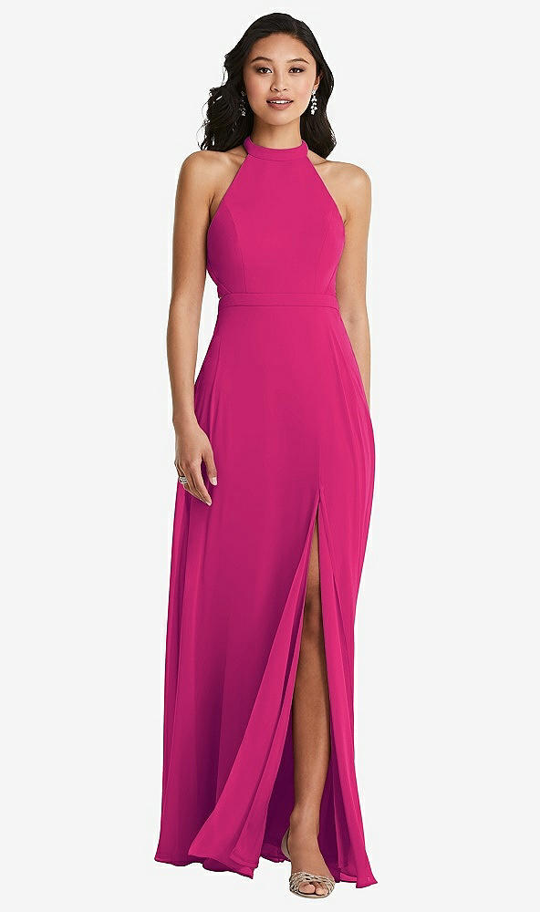 Back View - Think Pink Stand Collar Halter Maxi Dress with Criss Cross Open-Back