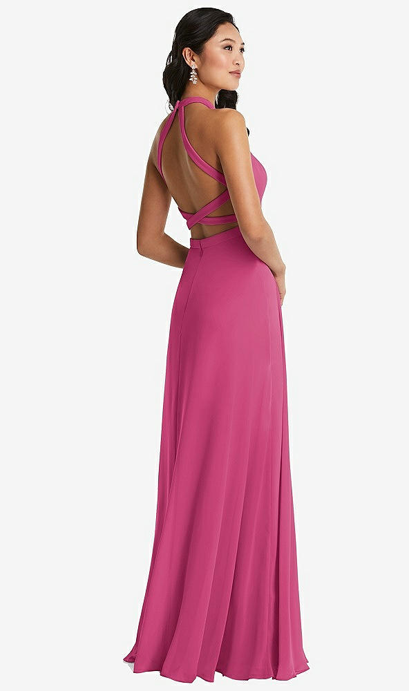 Front View - Tea Rose Stand Collar Halter Maxi Dress with Criss Cross Open-Back