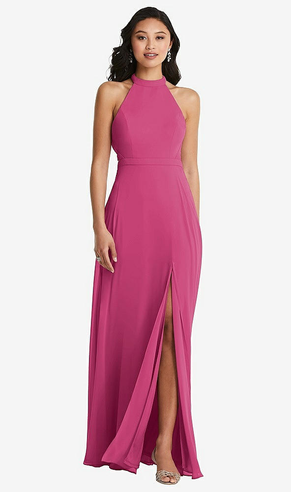 Back View - Tea Rose Stand Collar Halter Maxi Dress with Criss Cross Open-Back
