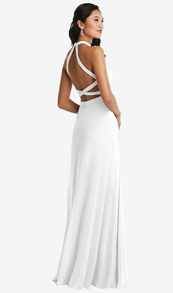 Front View - White Stand Collar Halter Maxi Dress with Criss Cross Open-Back