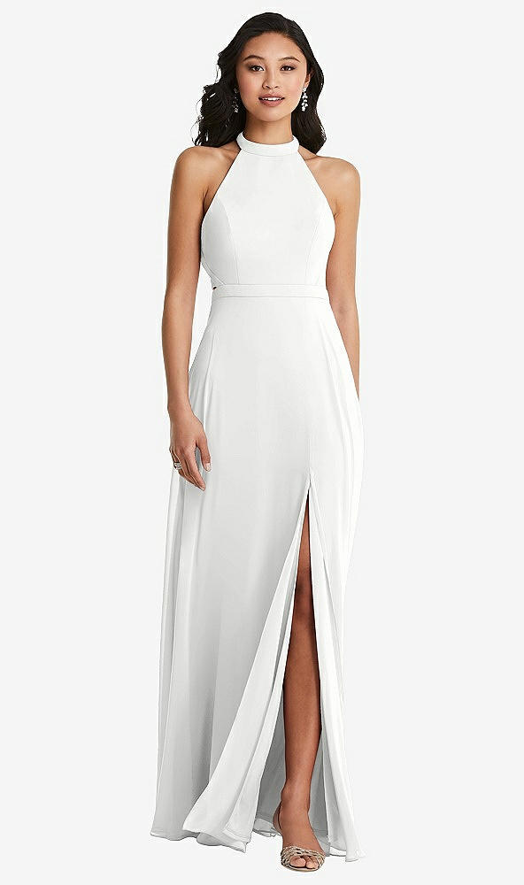Back View - White Stand Collar Halter Maxi Dress with Criss Cross Open-Back