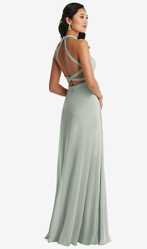 Front View - Willow Green Stand Collar Halter Maxi Dress with Criss Cross Open-Back