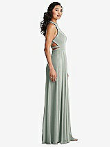 Side View Thumbnail - Willow Green Stand Collar Halter Maxi Dress with Criss Cross Open-Back