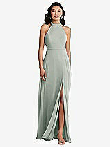 Rear View Thumbnail - Willow Green Stand Collar Halter Maxi Dress with Criss Cross Open-Back