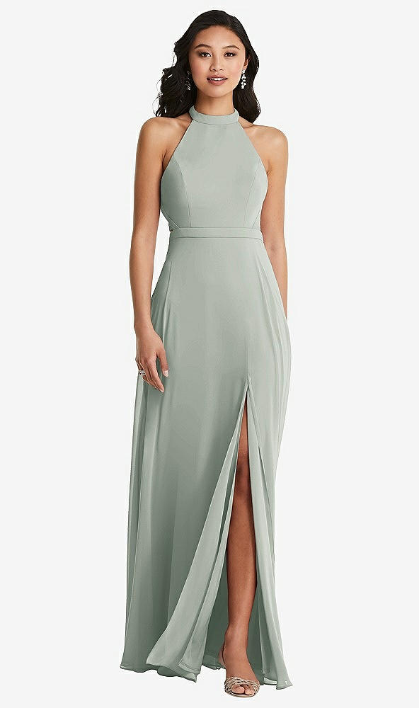 Back View - Willow Green Stand Collar Halter Maxi Dress with Criss Cross Open-Back