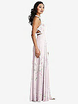 Side View Thumbnail - Watercolor Print Stand Collar Halter Maxi Dress with Criss Cross Open-Back