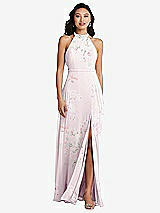 Rear View Thumbnail - Watercolor Print Stand Collar Halter Maxi Dress with Criss Cross Open-Back
